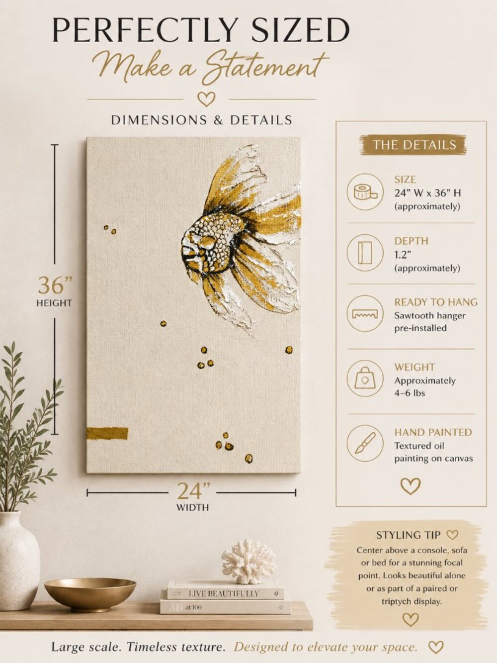 BrushEcho Gold Fish Textured Canvas Wall Art Cream Gold New in Box - Picture 3 of 6